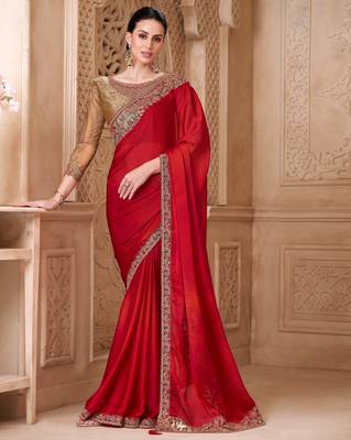 Blooming red satin silk blend saree with brocade blouse 1