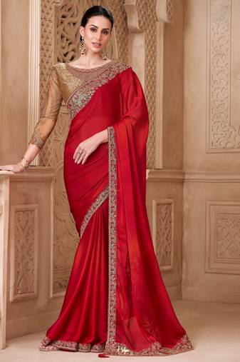 Blooming red satin silk saree with brocade blouse
