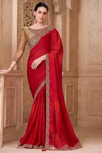 Blooming red satin silk saree with brocade blouse