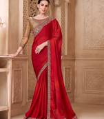 Blooming red satin silk saree with brocade blouse
