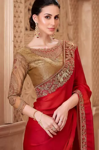 Blooming red satin silk blend saree with brocade blouse