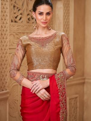 Blooming red satin silk blend saree with brocade blouse 3