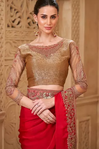 Blooming red satin silk blend saree with brocade blouse
