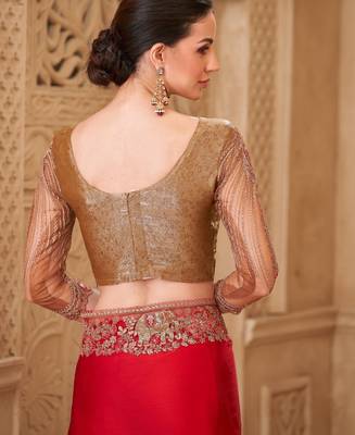 Blooming red satin silk blend saree with brocade blouse 4