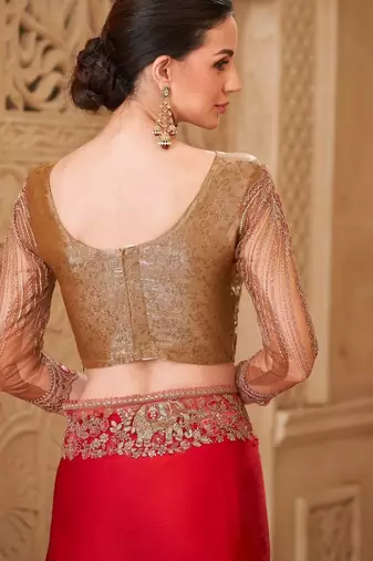 Blooming red satin silk blend saree with brocade blouse