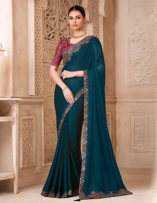 Peacock blue satin georgette saree with tussar silk blend blouse 1