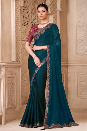 Peacock blue satin georgette saree with tussar silk blouse