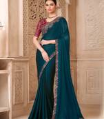 Peacock blue satin georgette saree with tussar silk blouse