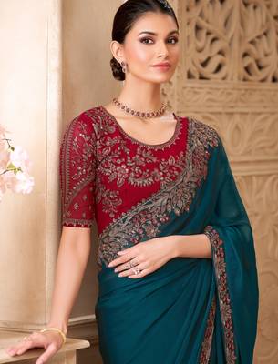 Peacock blue satin georgette saree with tussar silk blend blouse 2