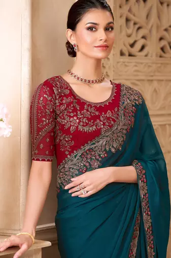 Peacock blue satin georgette saree with tussar silk blend blouse