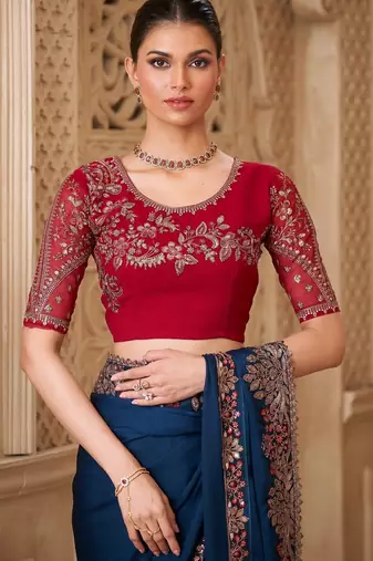 Peacock blue satin georgette saree with tussar silk blend blouse