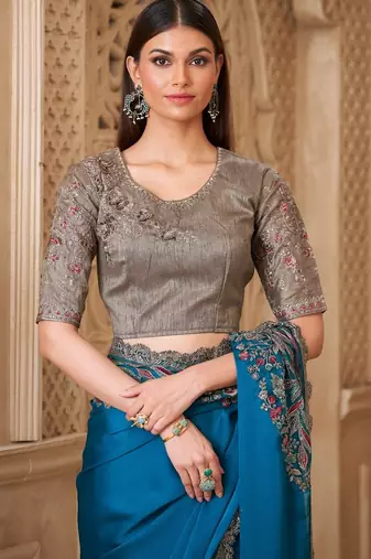 Fiona satin silk blend saree with tussar silk blend blouse
