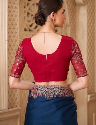 Peacock blue satin georgette saree with tussar silk blend blouse 4