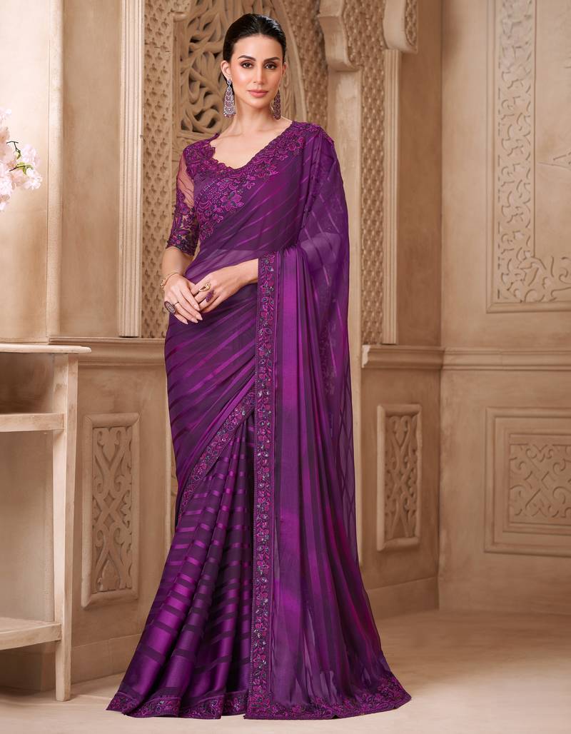 Mulberry pattern georgette saree with tussar silk blouse