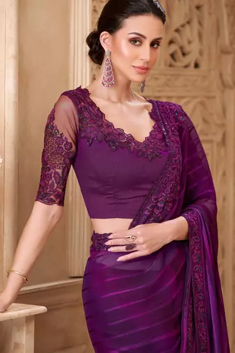 Mulberry pattern georgette saree with tussar silk blend blouse