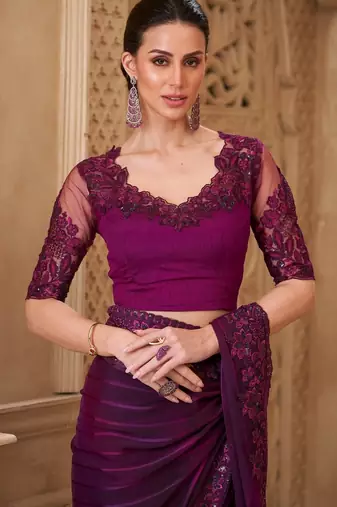Mulberry pattern georgette saree with tussar silk blend blouse