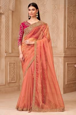 Gold sparkle georgette silk blend saree with brocade weave blouse 1