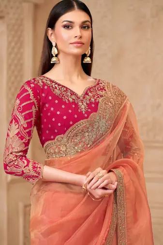 Gold sparkle georgette silk blend saree with brocade weave blouse