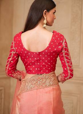 Gold sparkle georgette silk blend saree with brocade weave blouse 4