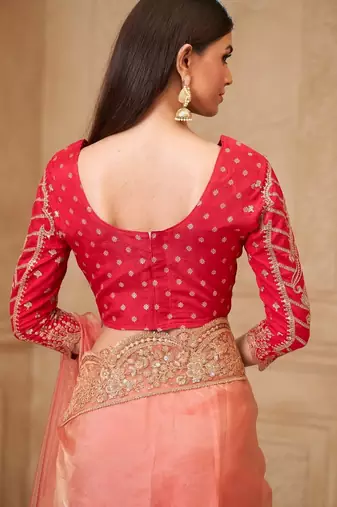Gold sparkle georgette silk blend saree with brocade weave blouse