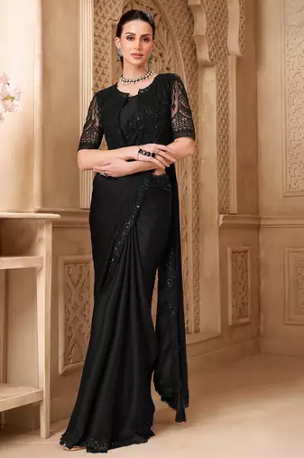 Black satin georgette saree with designer jacket blouse