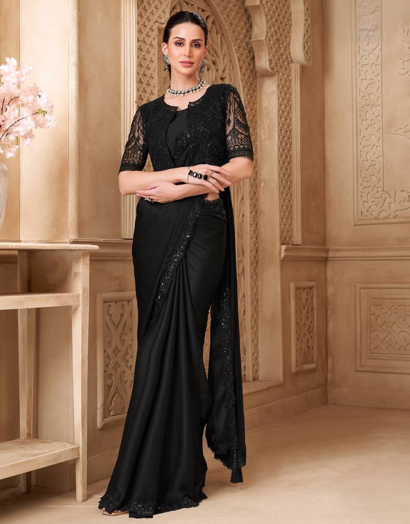 Black satin georgette saree with designer jacket blouse