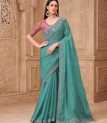 Dusty blue satin crush georgette saree with tussar silk blouse