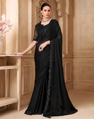 Black satin georgette saree with jacket blouse 2
