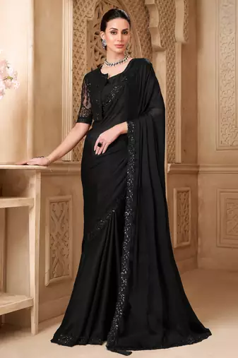 Black satin georgette saree with jacket blouse