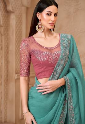 Dusty blue satin crush georgette saree with tussar silk blend blouse 2