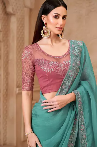 Dusty blue satin crush georgette saree with tussar silk blend blouse