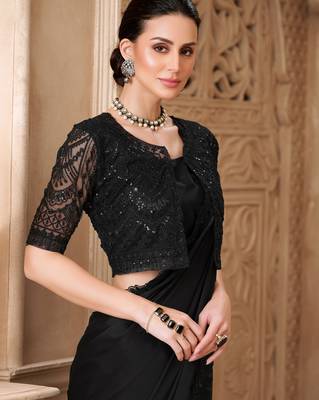 Black satin georgette saree with jacket blouse 3