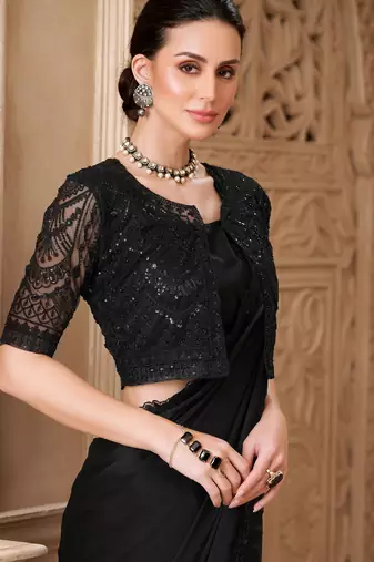 Black satin georgette saree with jacket blouse