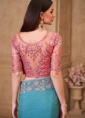 Dusty blue satin crush georgette saree with tussar silk blend blouse 4