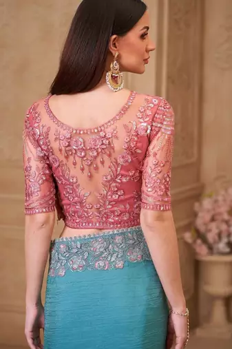 Dusty blue satin crush georgette saree with tussar silk blend blouse