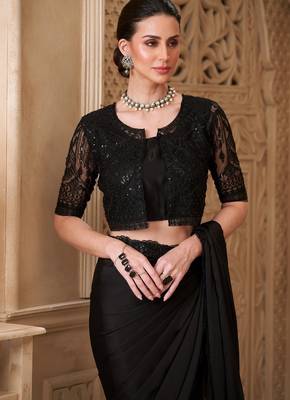 Black satin georgette saree with jacket blouse 4