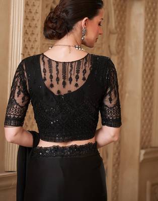 Black satin georgette saree with jacket blouse 5