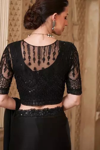 Black satin georgette saree with jacket blouse