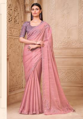 Pink crush satin georgette saree with silk blend blouse 1