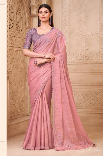 Pink crush satin georgette saree with silk blouse