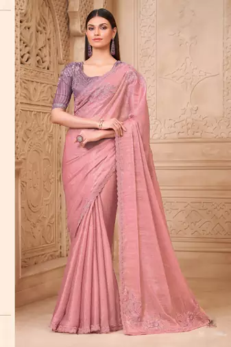 Pink crush satin georgette saree with silk blouse