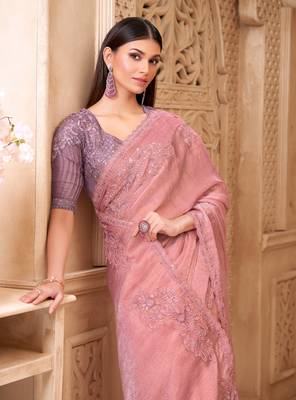 Pink crush satin georgette saree with silk blend blouse 2