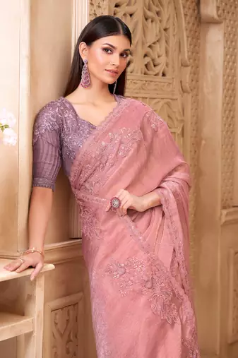Pink crush satin georgette saree with silk blend blouse