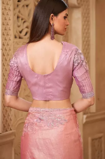 Pink crush satin georgette saree with silk blend blouse