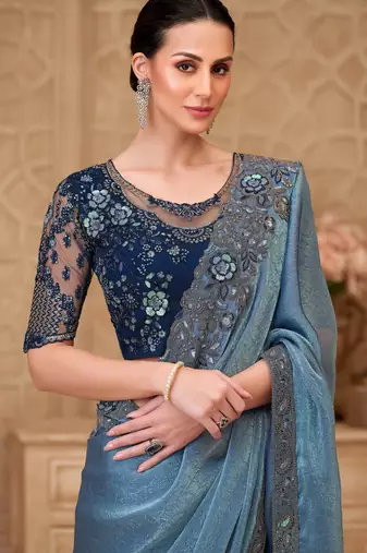 Metal blue satin crush georgette saree with tussar silk blend blouse