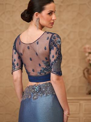 Metal blue satin crush georgette saree with tussar silk blend blouse 4