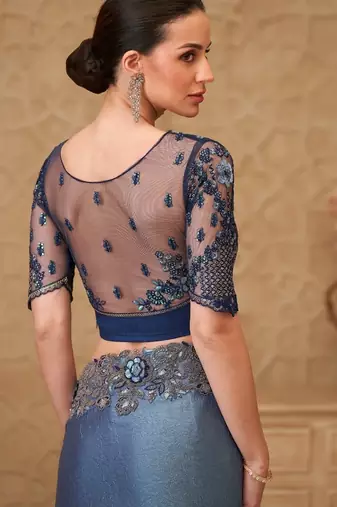 Metal blue satin crush georgette saree with tussar silk blend blouse