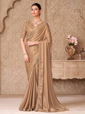 Gold shimmer satin georgette saree with jacket blouse 1