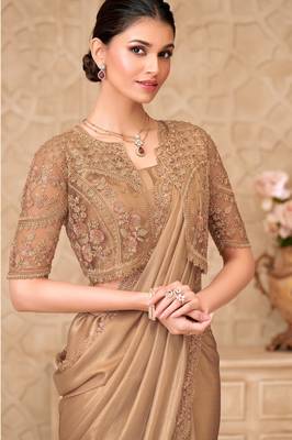 Gold shimmer satin georgette saree with jacket blouse 2