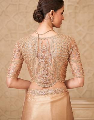 Gold shimmer satin georgette saree with jacket blouse 4